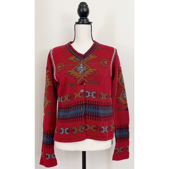 Peruvian Connection Red Patterned Pima Cotton Cardigan - Picture 1 of 6